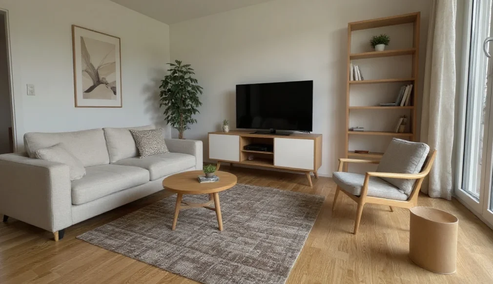 TRI_Projekt_02 Helles Wohnzimmer mit Sofa, Fernseher und minimalistischer Holzmöblierung im skandinavischen Stil.